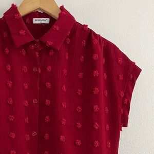 Red Short Sleeve Blouse with Peter Pan Collar & French Dots